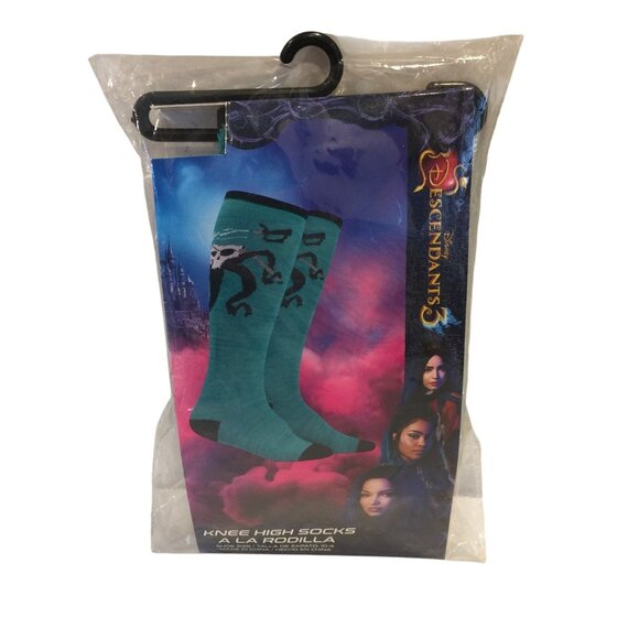 Disney Descendants 3 Knee High Socks Shoe Size 10-4 Aqua Skulls - Picture 1 of 3